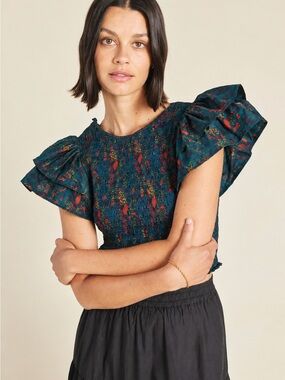 [NWT] $348 TROVATA Cerise Smocked Flutter Sleeve Top in Teal Plume. Small